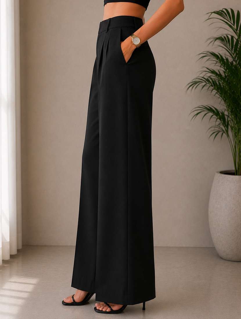 women solid high rise wide leg trouser - 22548004 -  Standard Image - 1