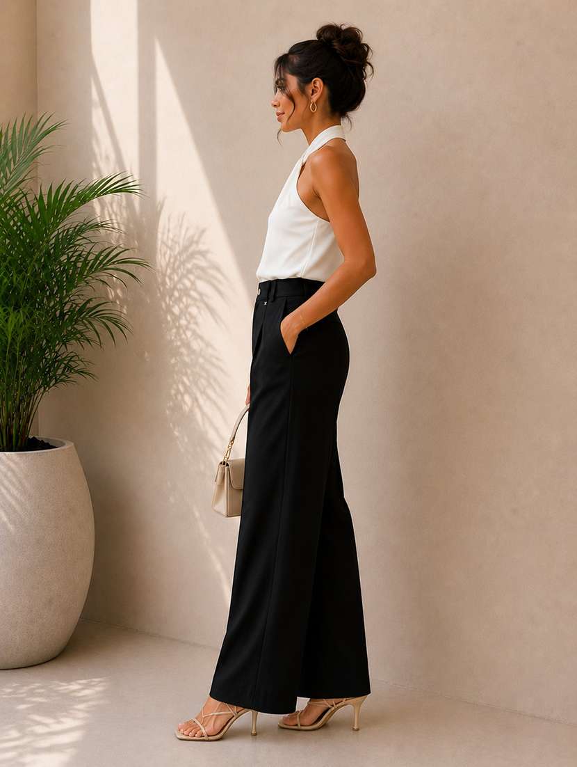 women solid high rise wide leg trouser - 22548004 -  Standard Image - 4