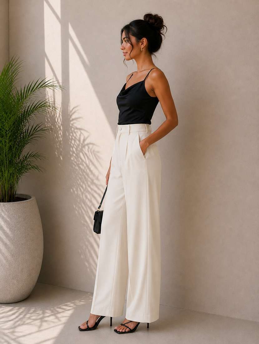 women solid high rise wide leg trouser - 22548005 -  Standard Image - 4