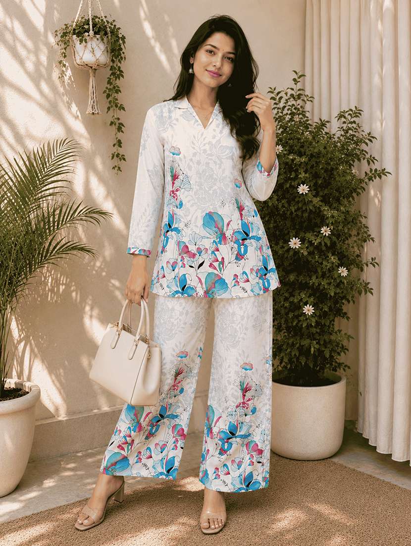 women printed collared top and trouser co-ord set - 22548016 -  Standard Image - 1
