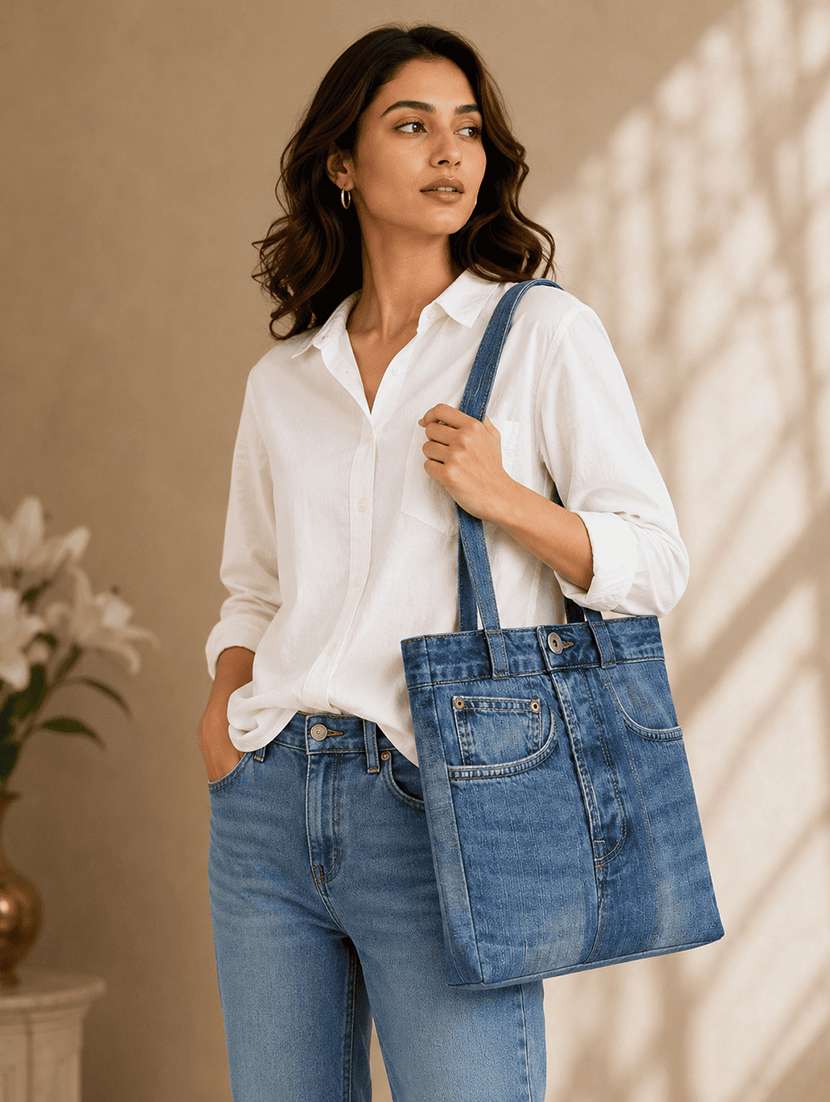 Solid Blue Denim Zipper Handbag - 22548192 -  Standard Image - 4