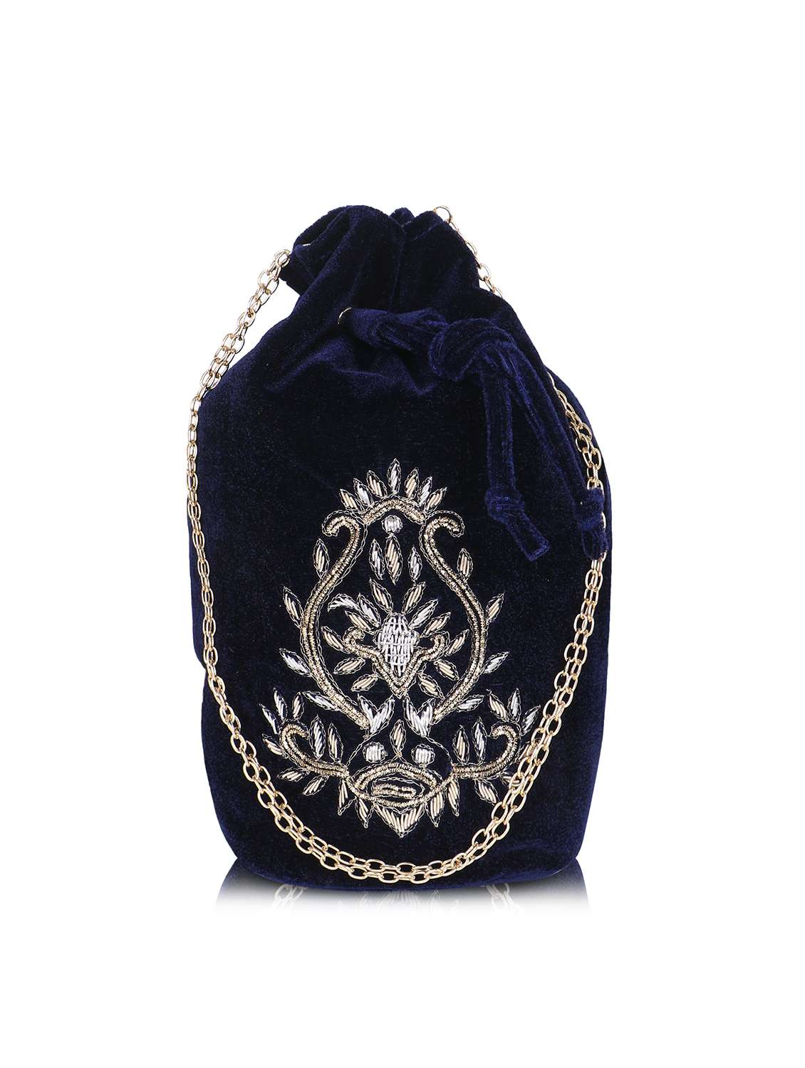 blue embroidered velvet potli bag 
