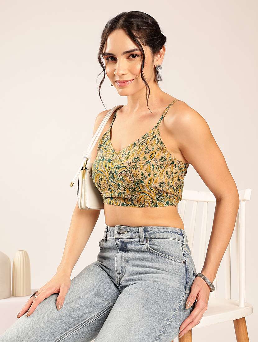 women printed shoulder strap crop top