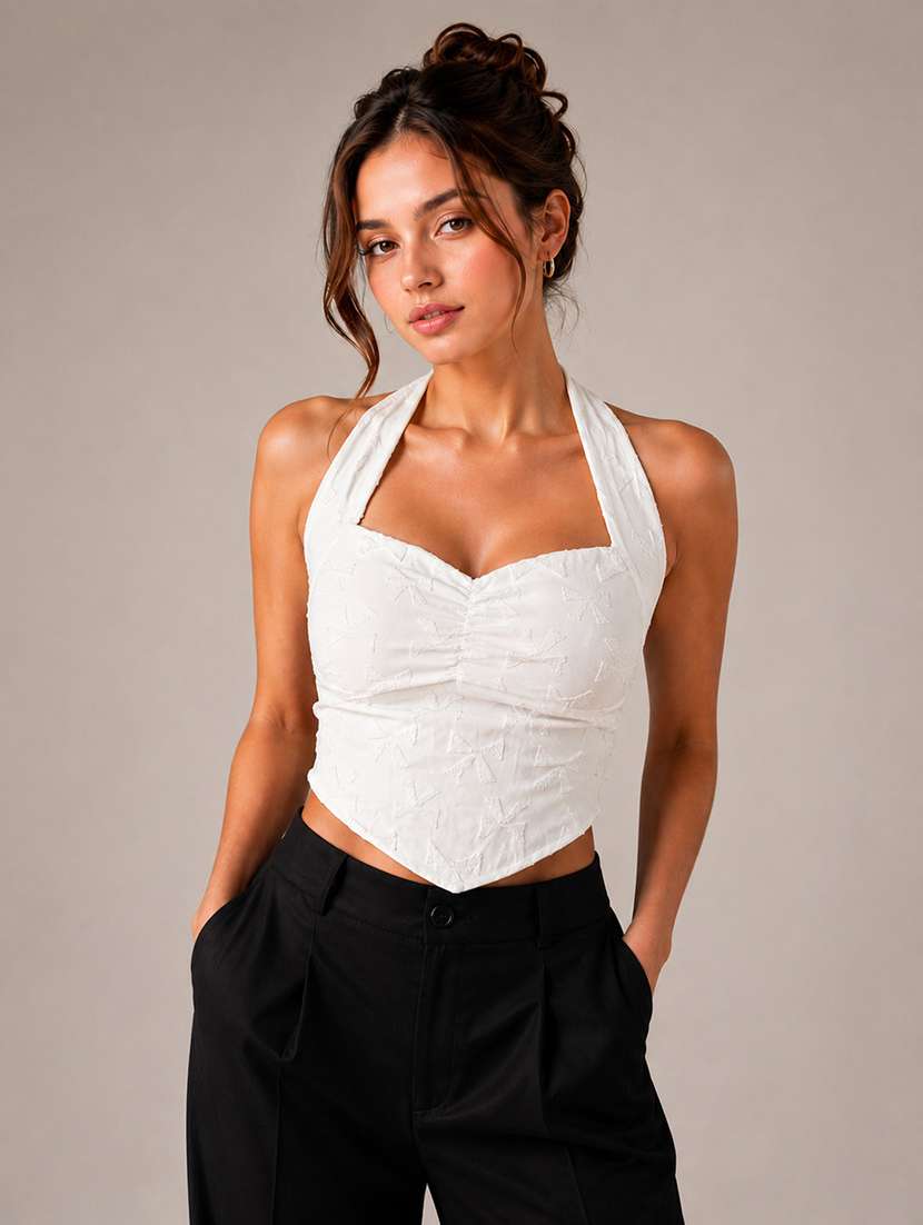 women solid halter neck crop top
