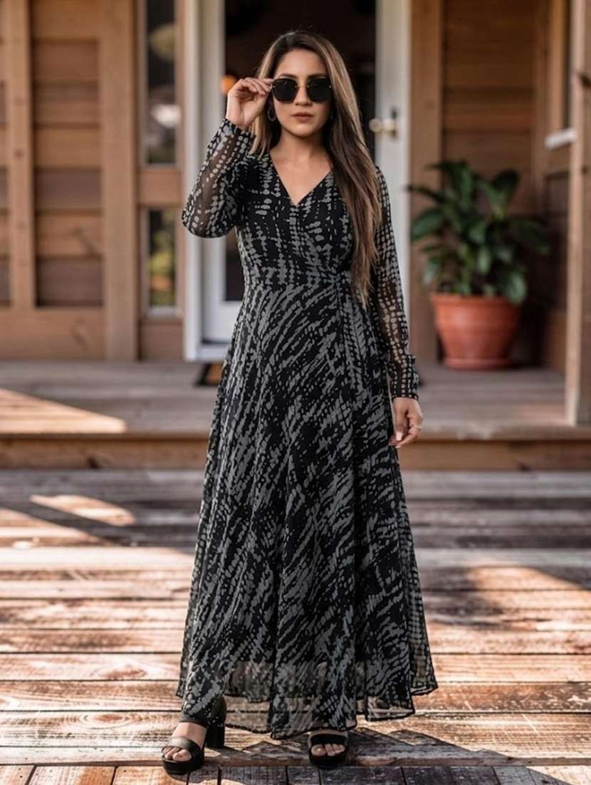 women printed long sleeve maxi wrap dress