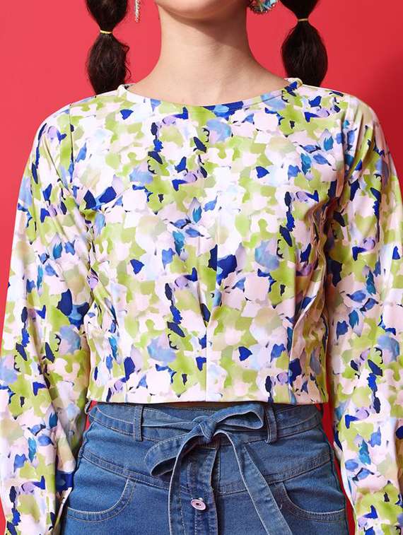 women printed long sleeves crop top - 22549011 -  Standard Image - 1