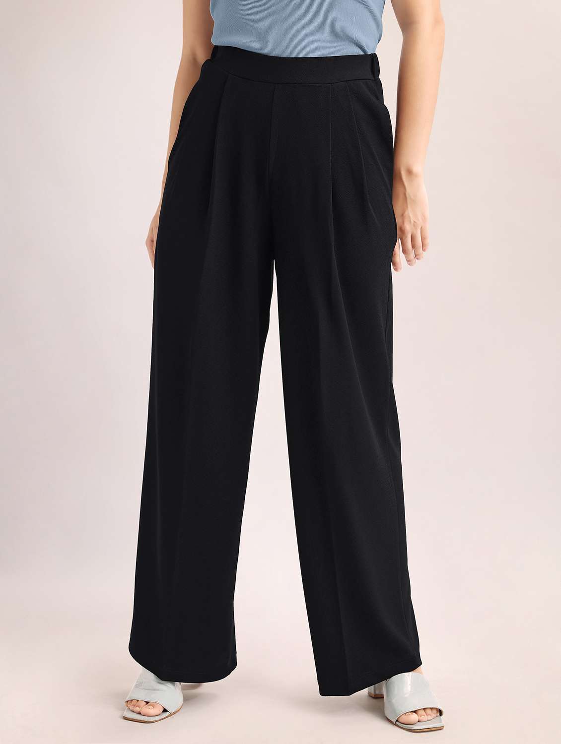 women solid high rise wide leg trouser