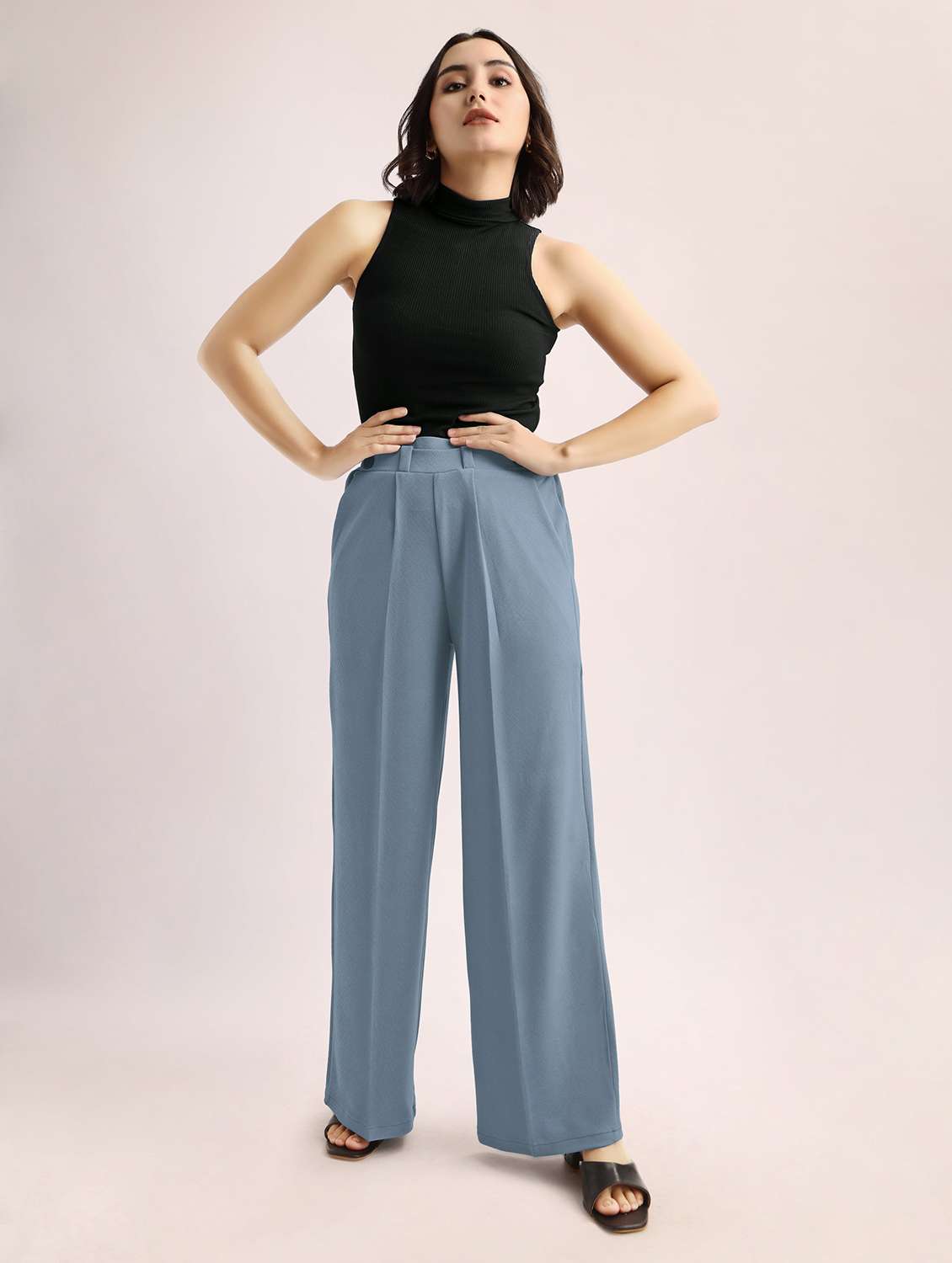 women solid high rise wide leg trouser - 22549100 -  Standard Image - 4