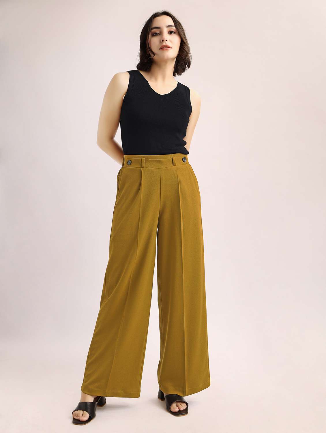 women solid high rise wide leg trouser - 22549101 -  Standard Image - 4