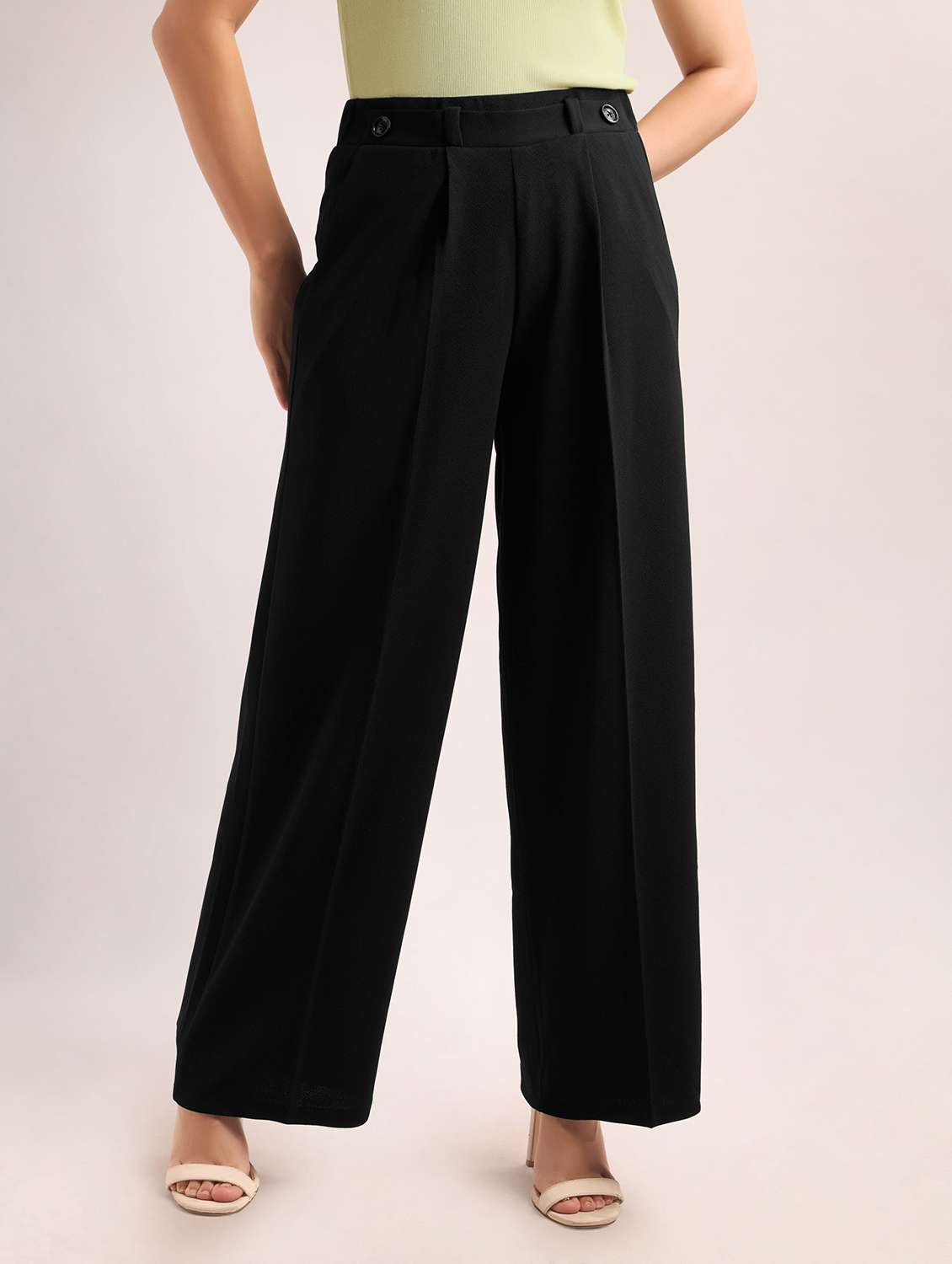 women solid high rise wide leg trouser