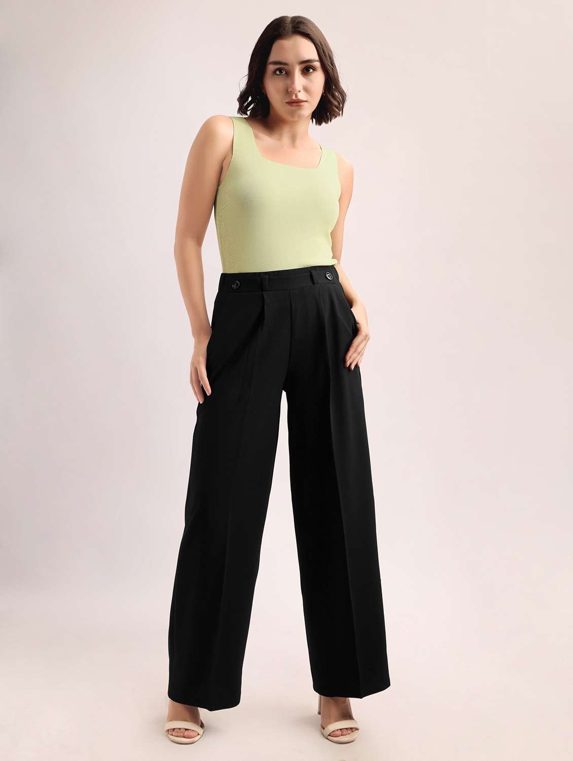 women solid high rise wide leg trouser - 22549103 -  Standard Image - 4