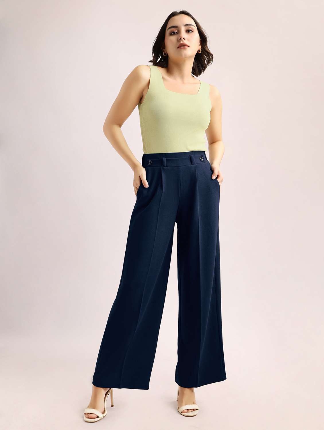 women solid high rise wide leg trouser - 22549106 -  Standard Image - 4