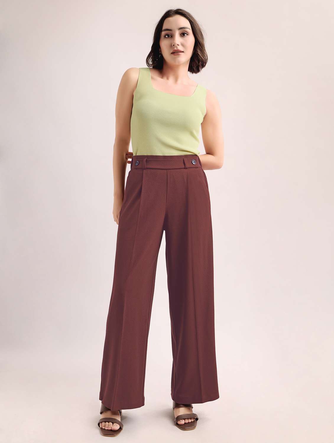 women solid high rise wide leg trouser - 22549107 -  Standard Image - 4