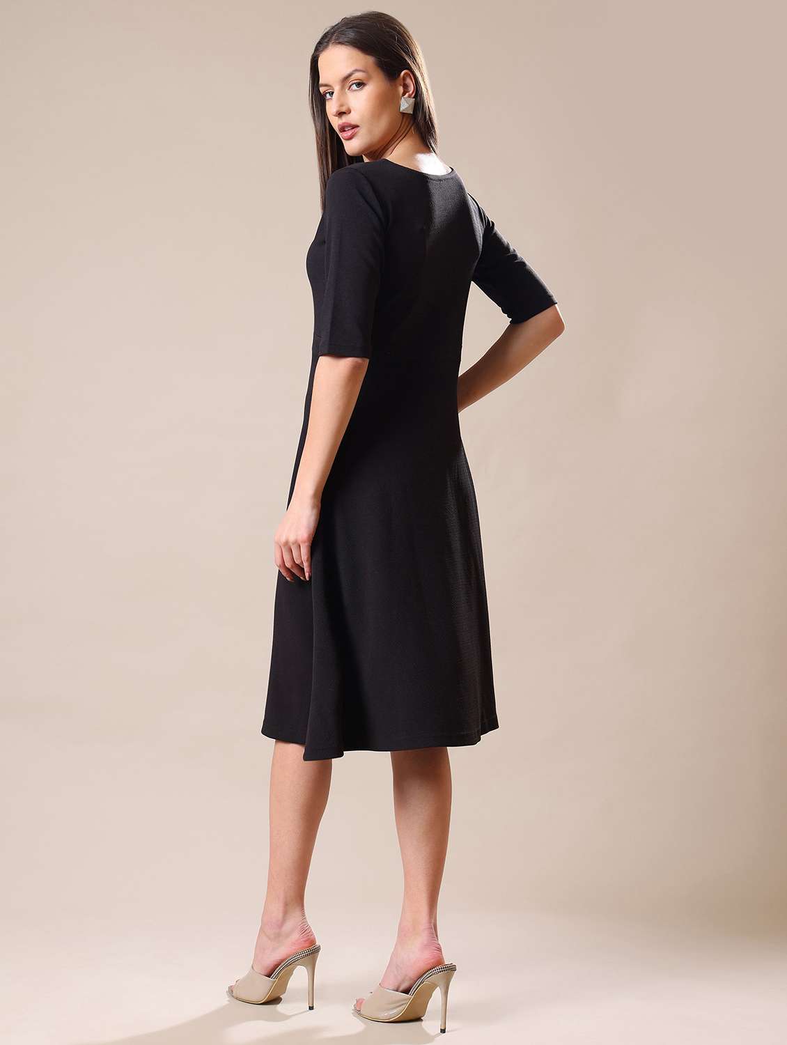 women solid three quarter sleeves a-line dress - 22549128 -  Standard Image - 4