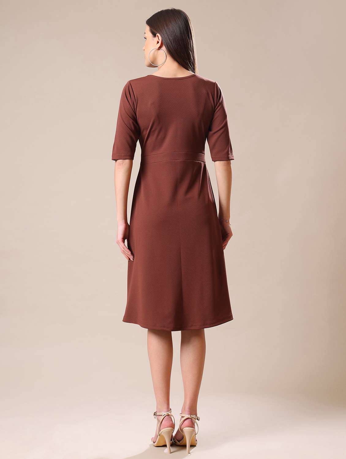 women solid three quarter sleeves a-line dress - 22549129 -  Standard Image - 4