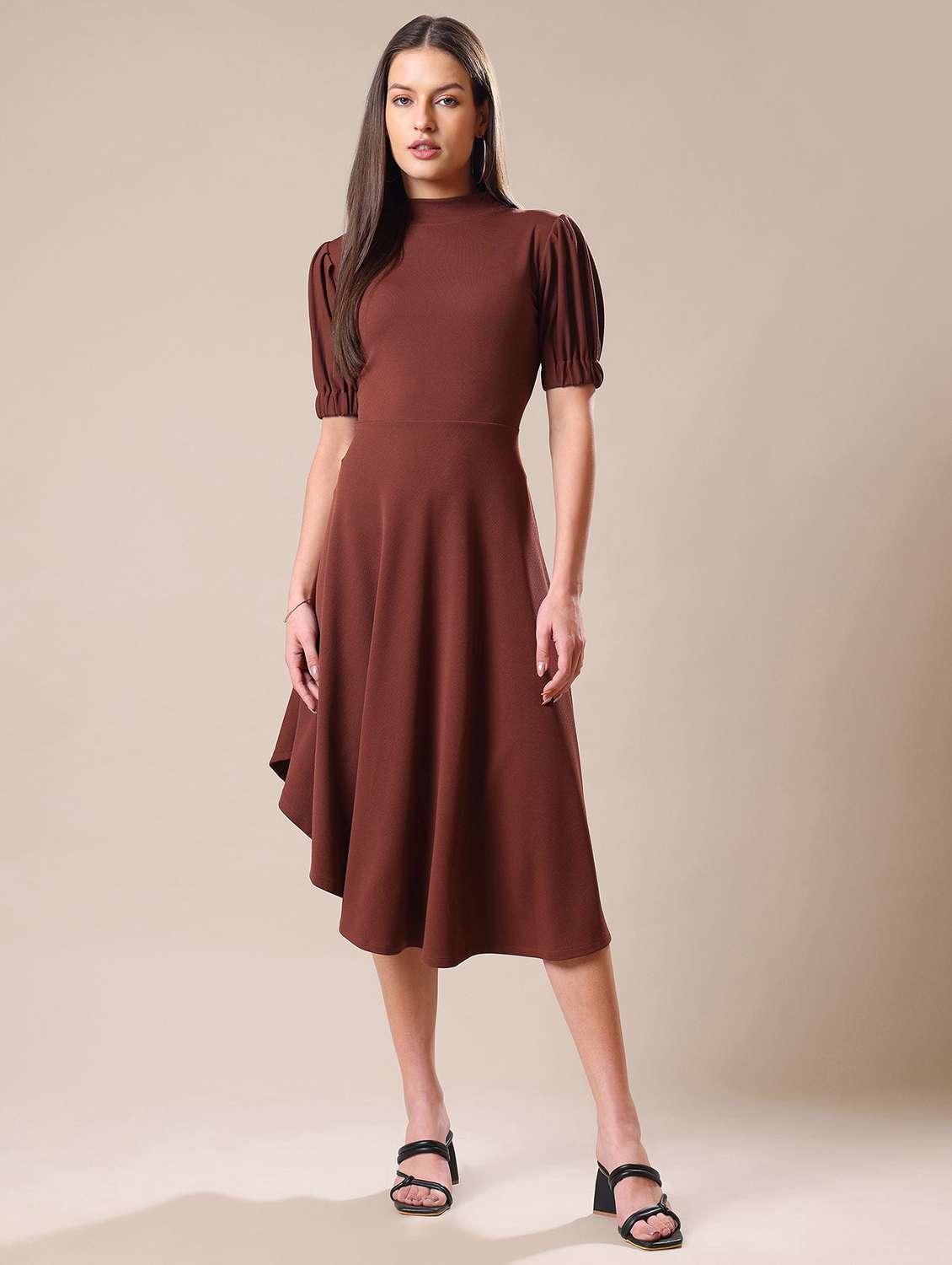 women printed puff sleeves fit and flare dress