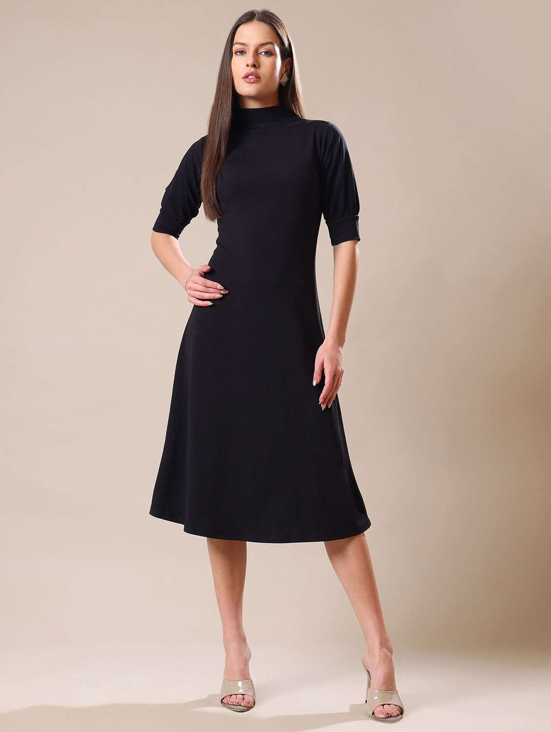 women solid short sleeves a-line dress