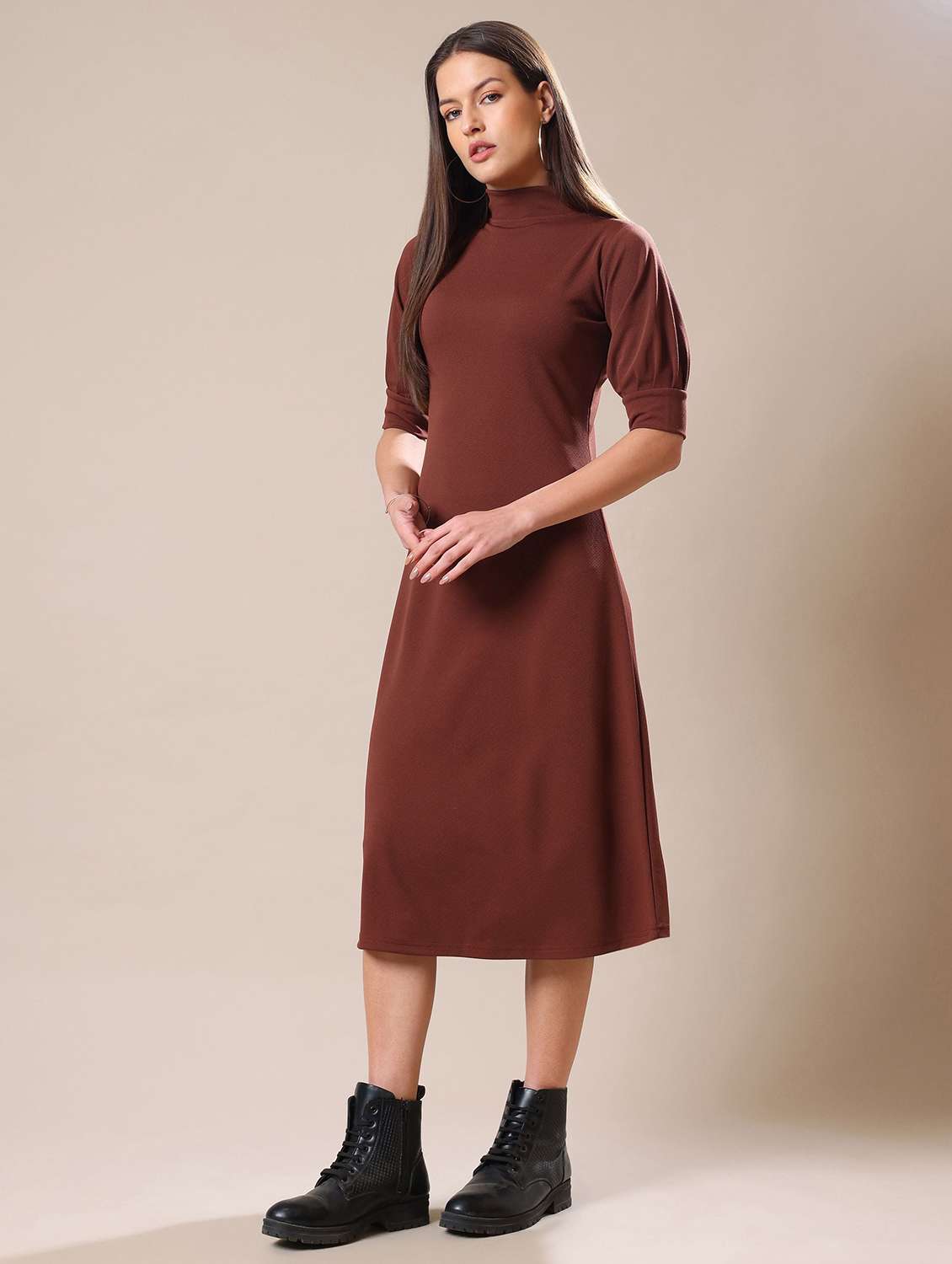 women solid high neck a-line dress - 22549160 -  Standard Image - 1