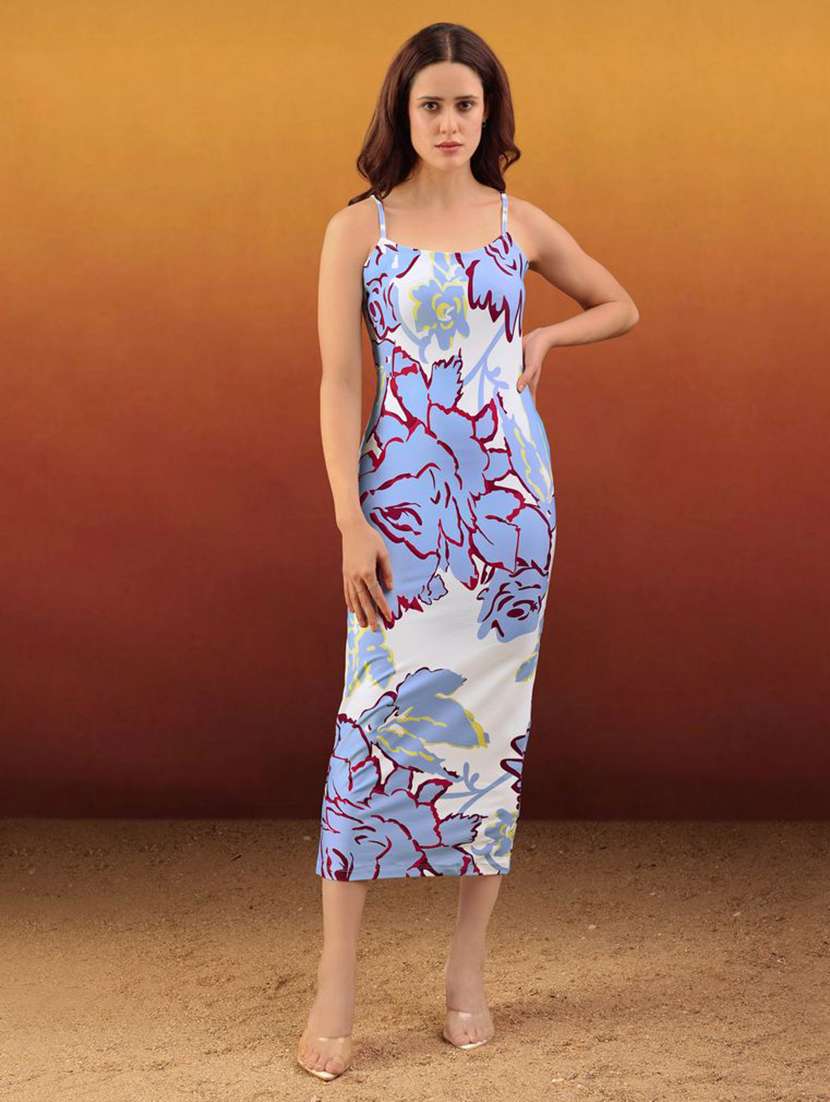 women printed shoulder strap bodycon dress