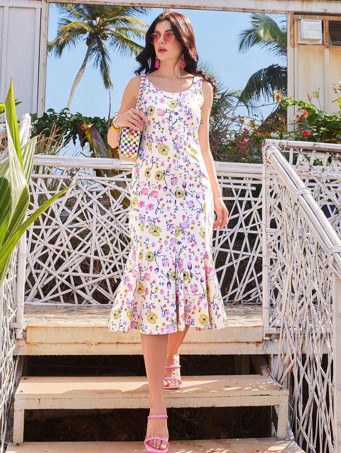 white polyester fit & flare dress