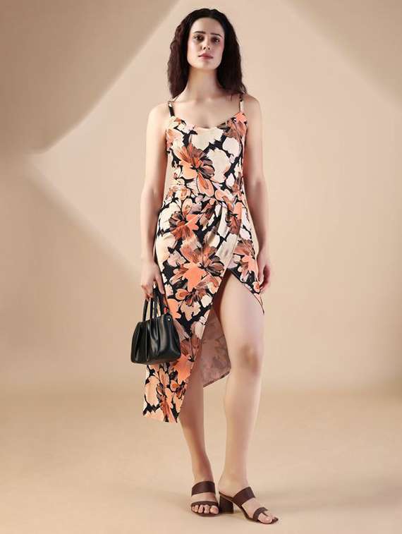 women printed shoulder strap asymmetric dress