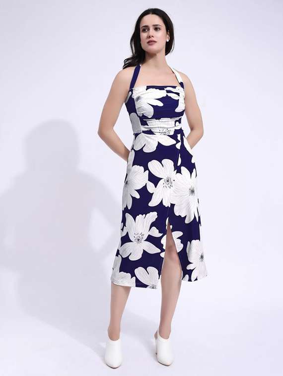 women printed halter neck a-line dress