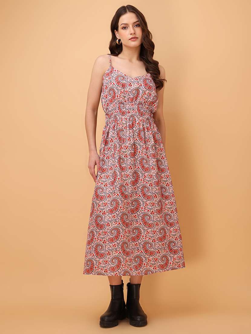 women printed shoulder strap a-line dress