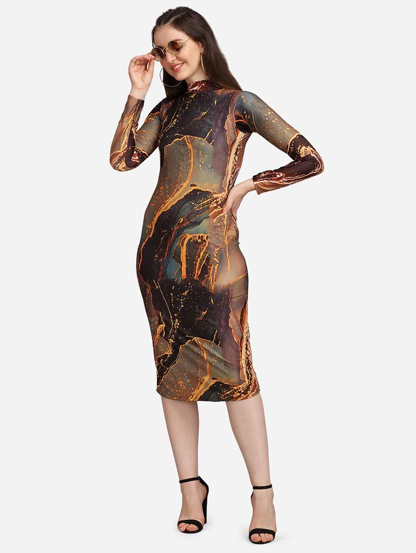 women printed long sleeves bodycon dress