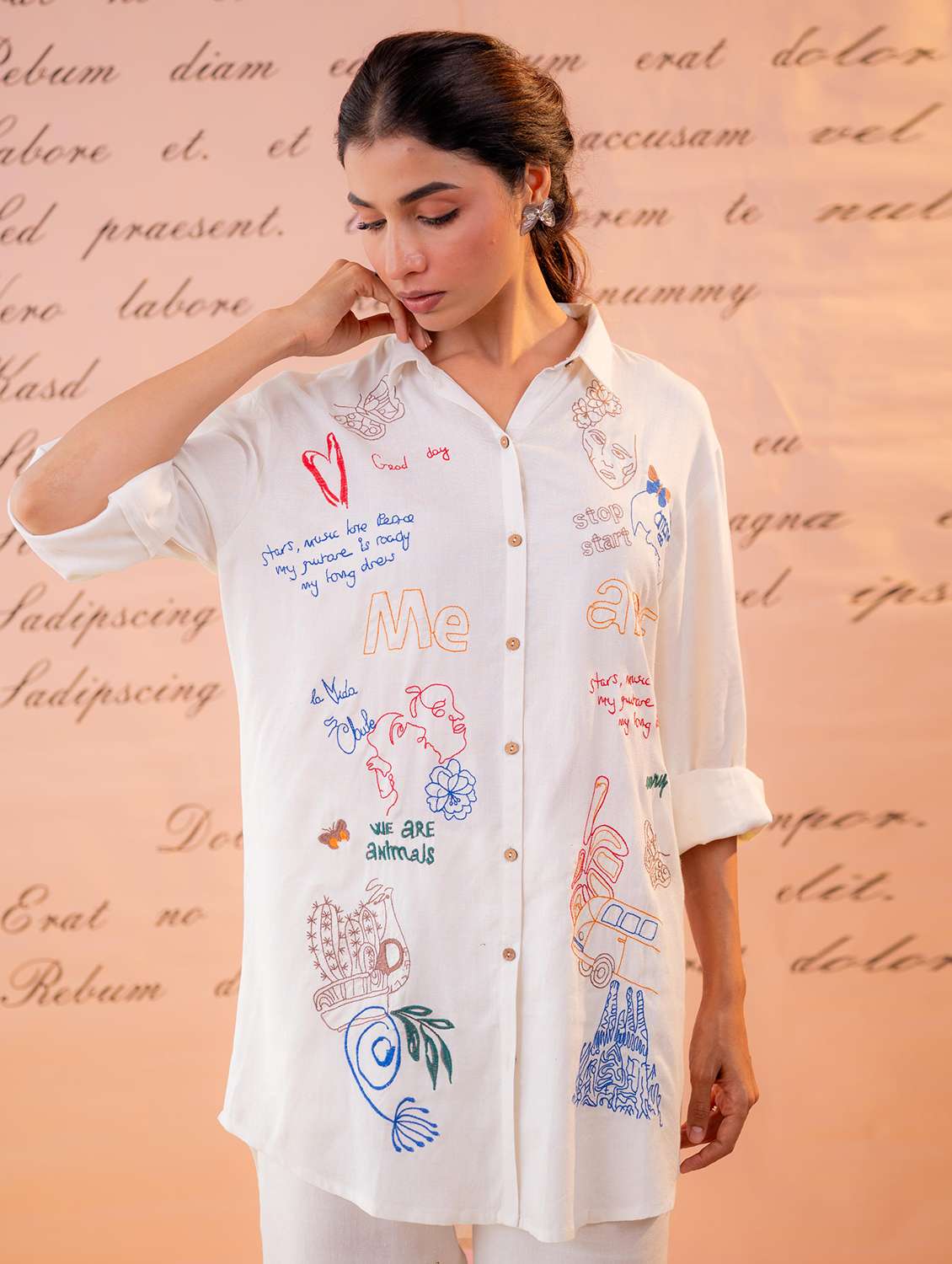women embroidered long sleeves shirt and trouser co-ord set - 22550061 -  Standard Image - 1
