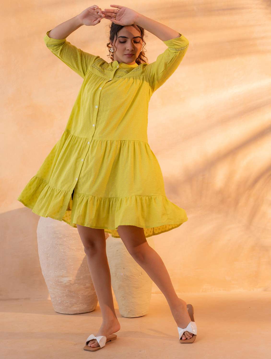 women self design three quarter sleeves tiered dress
