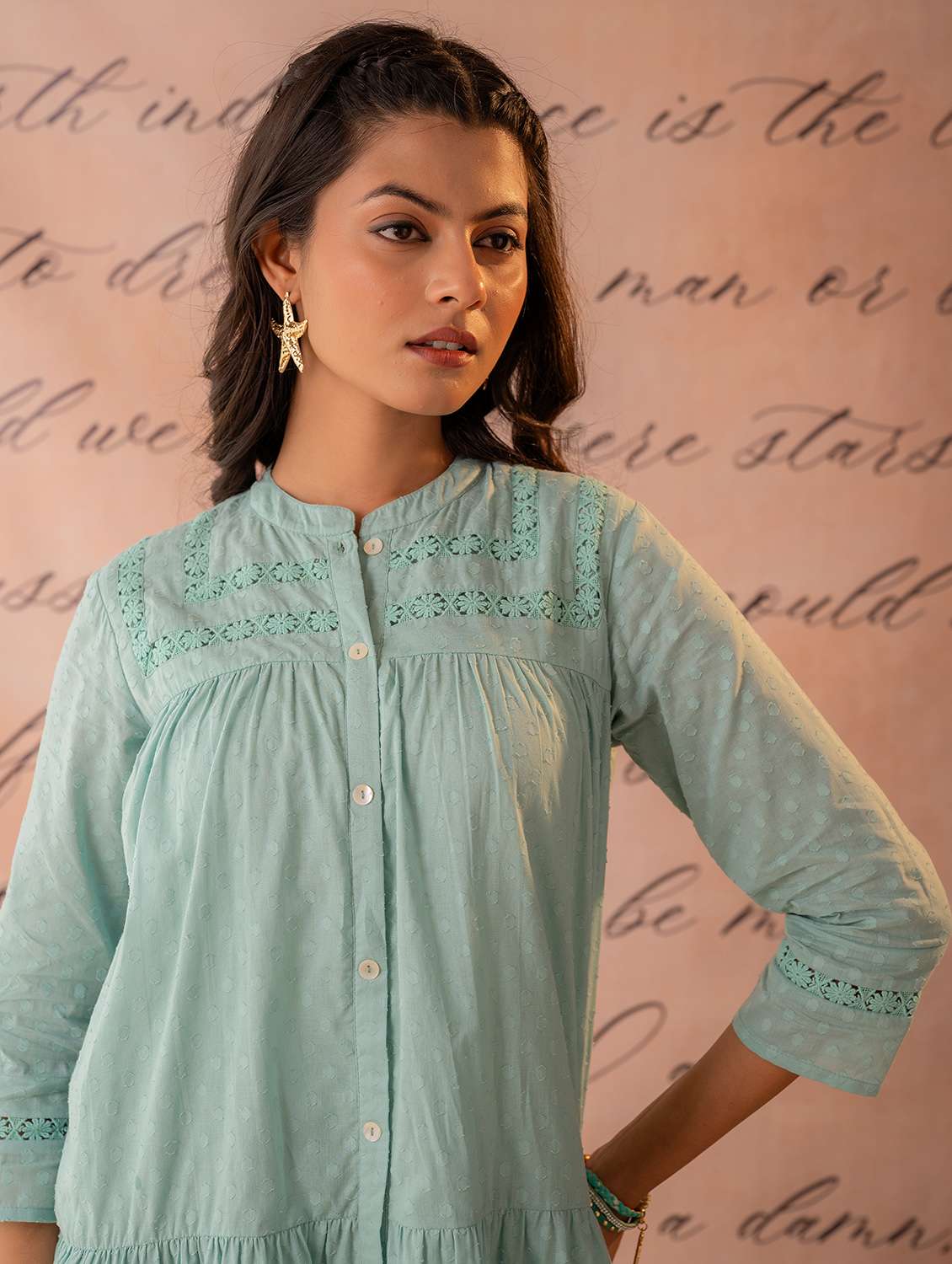 women self design three quarter sleeves tiered dress - 22550111 -  Standard Image - 1
