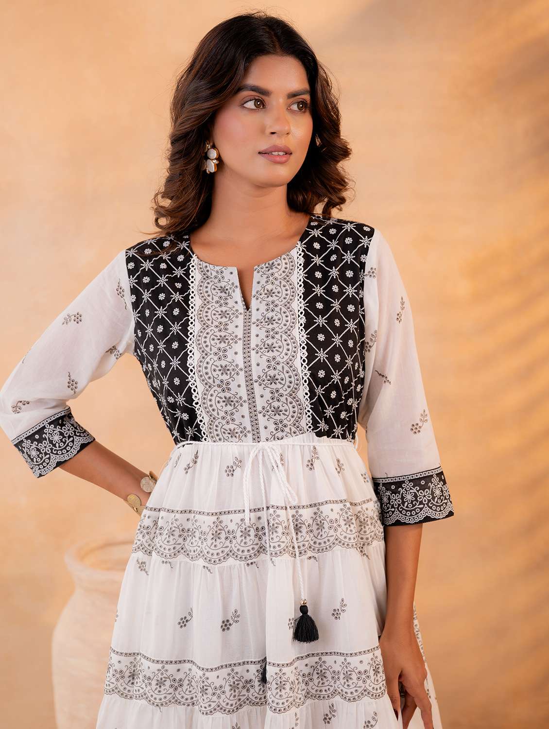 women embroidered three quarter sleeves fit and flare dress - 22550125 -  Standard Image - 1