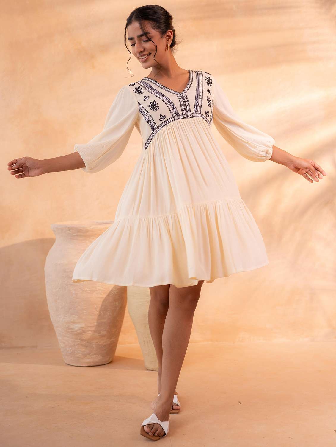 women embroidered three quarter sleeves tiered dress