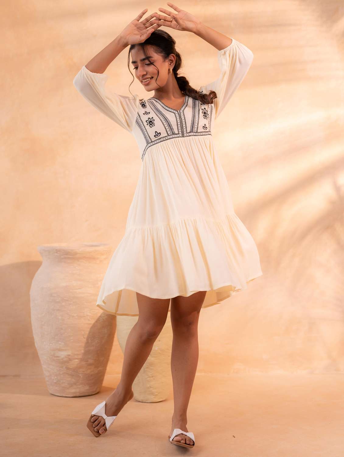Women Embroidered Three Quarter Sleeves Tiered Dress - 22550143 -  Standard Image - 4
