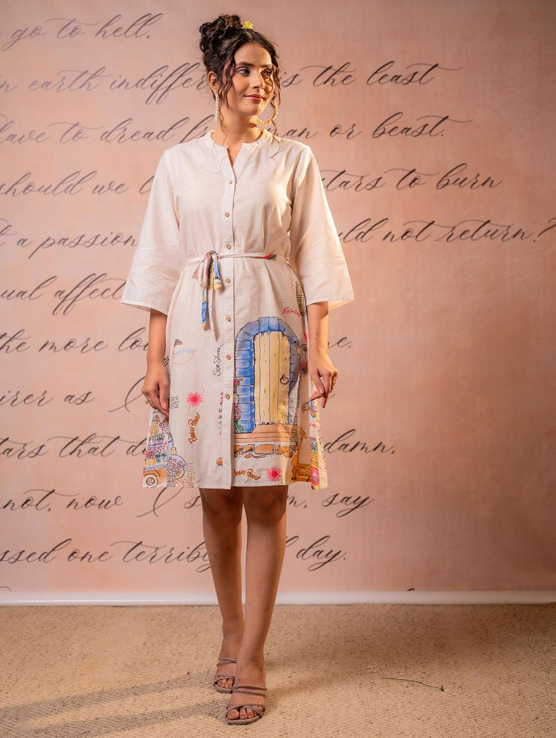 women printed three quarter sleeves a-line dress