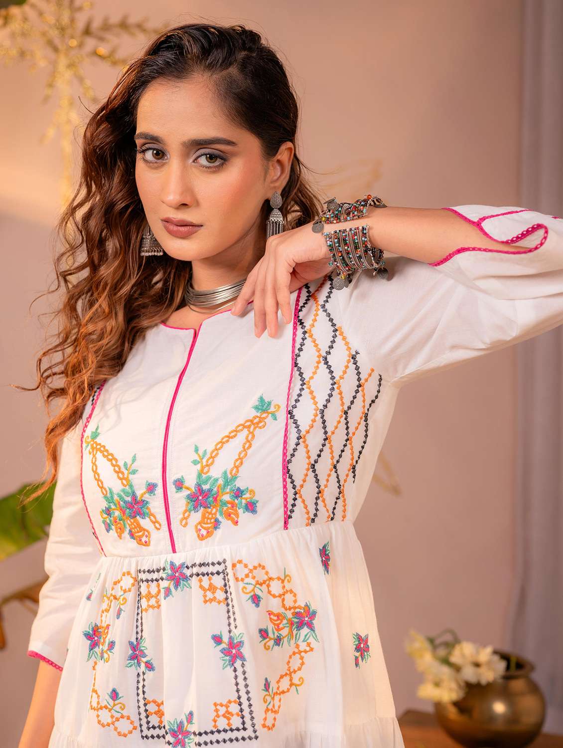 women embroidered three quarter sleeves tiered dress - 22550210 -  Standard Image - 1