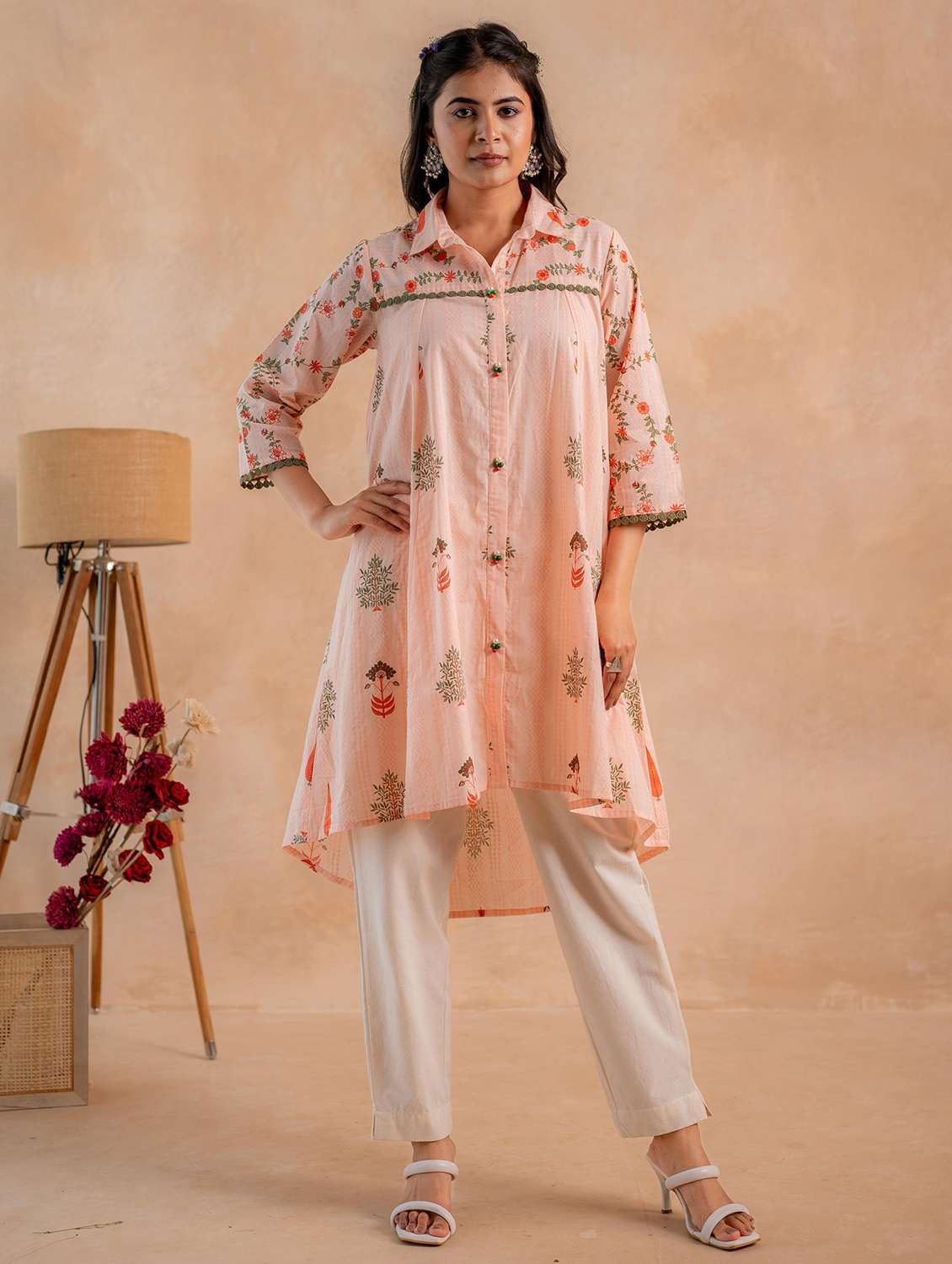 women printed three quarter sleeves high low kurta