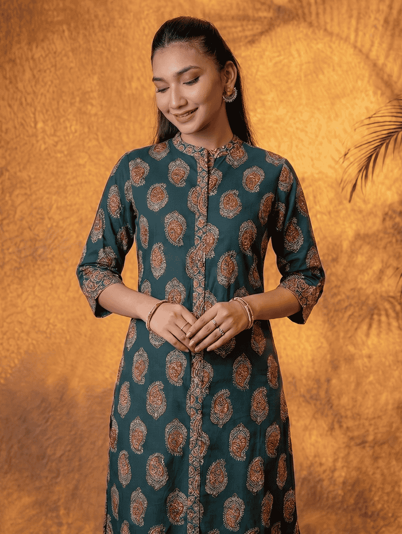 Women Printed Three Quarter Sleeves Straight Kurta - 22550254 -  Standard Image - 1