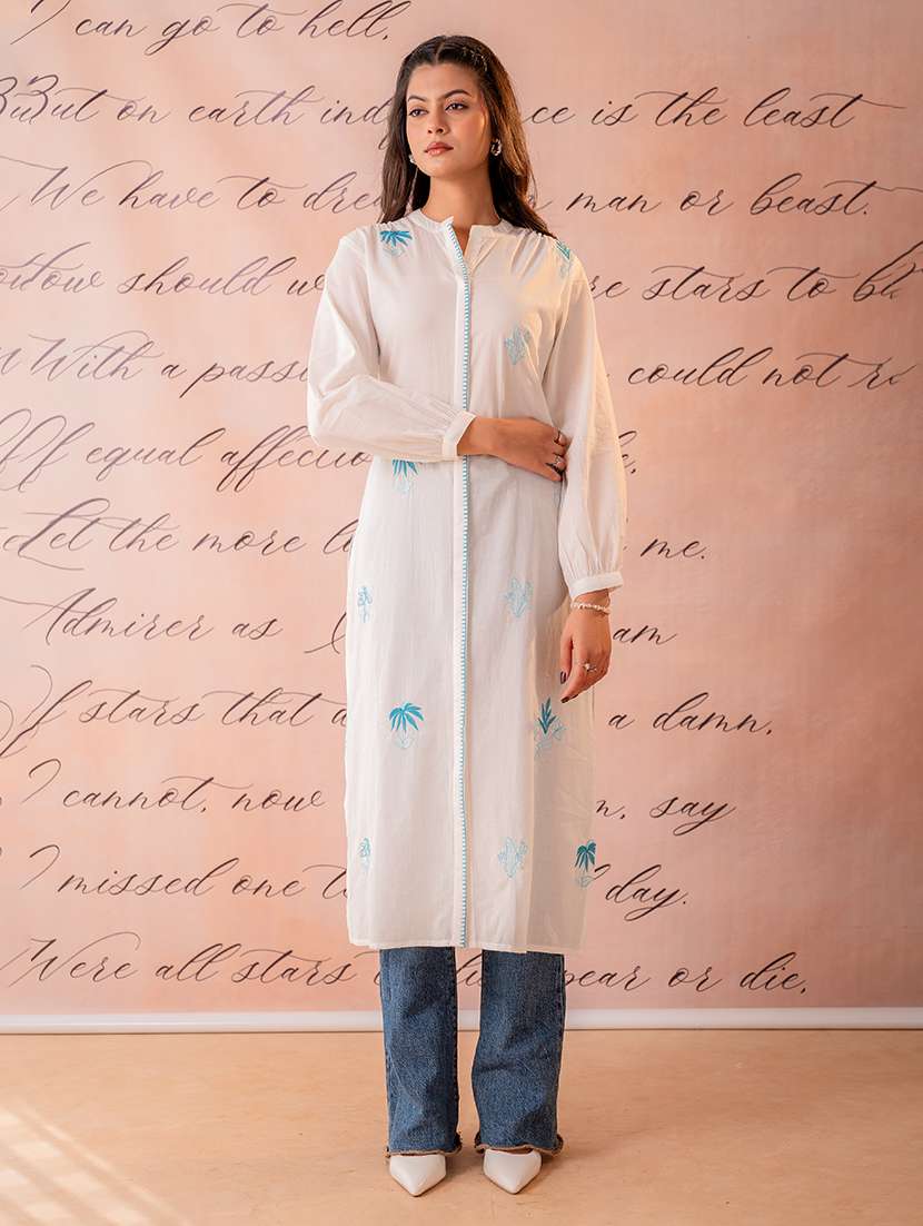 women embroidered long sleeve straight kurta