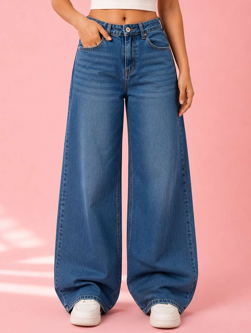 women washed mid rise baggy jeans