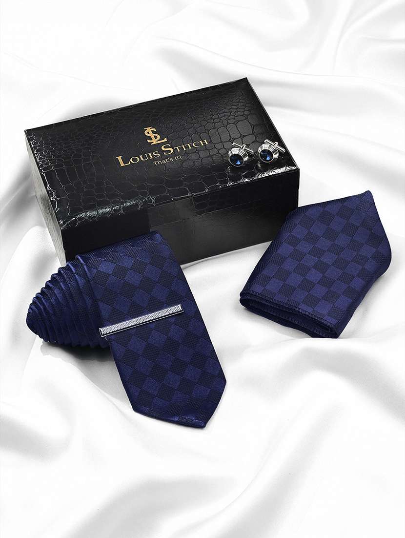 blue checkered tie set with cufflinks pocket square