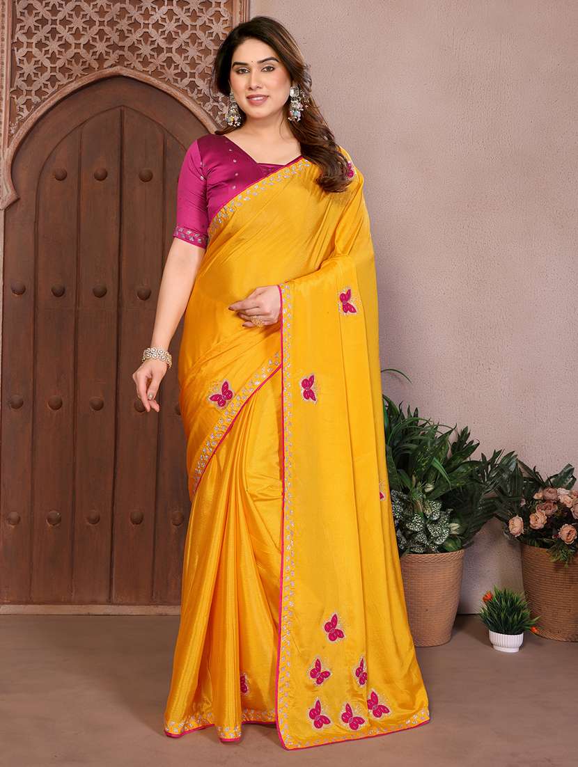 women solid with work embroidered saree with blouse