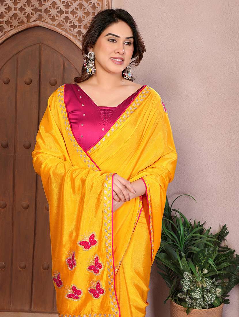 Women Solid With Work Embroidered Saree With Blouse - 22550439 -  Standard Image - 1