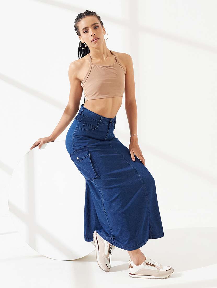 women solid high rise denim skirt - 22550971 -  Standard Image - 4