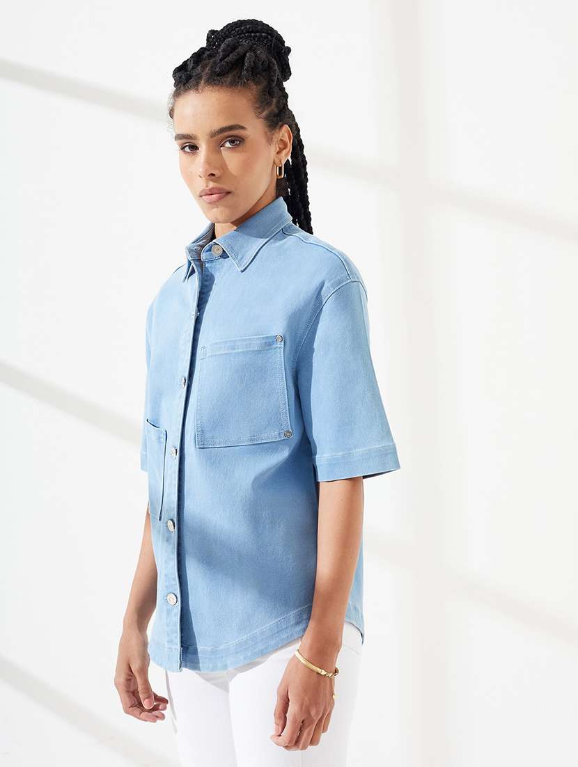 women solid short sleeves regular shirt