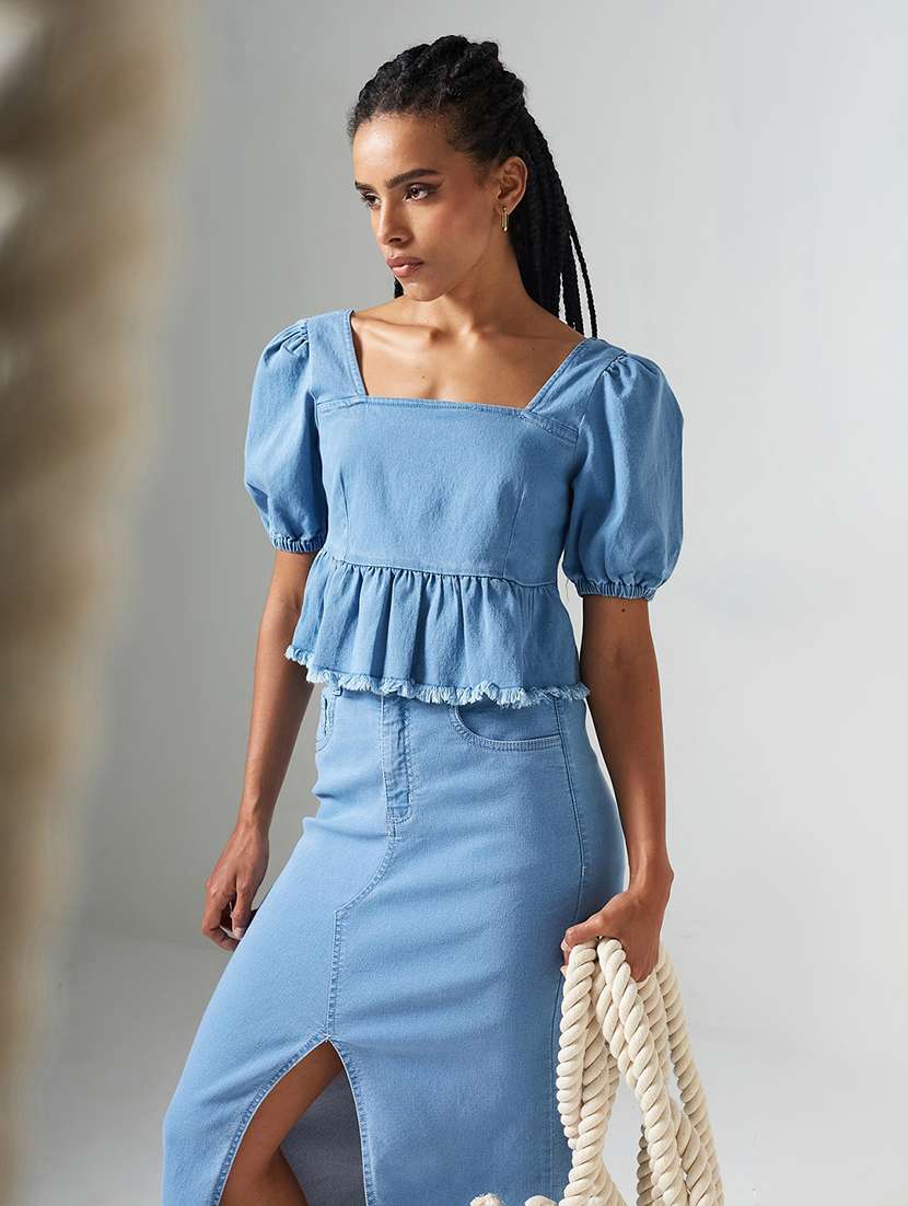 Women Solid Puff Sleeves Peplum Top - 22551020 -  Standard Image - 1