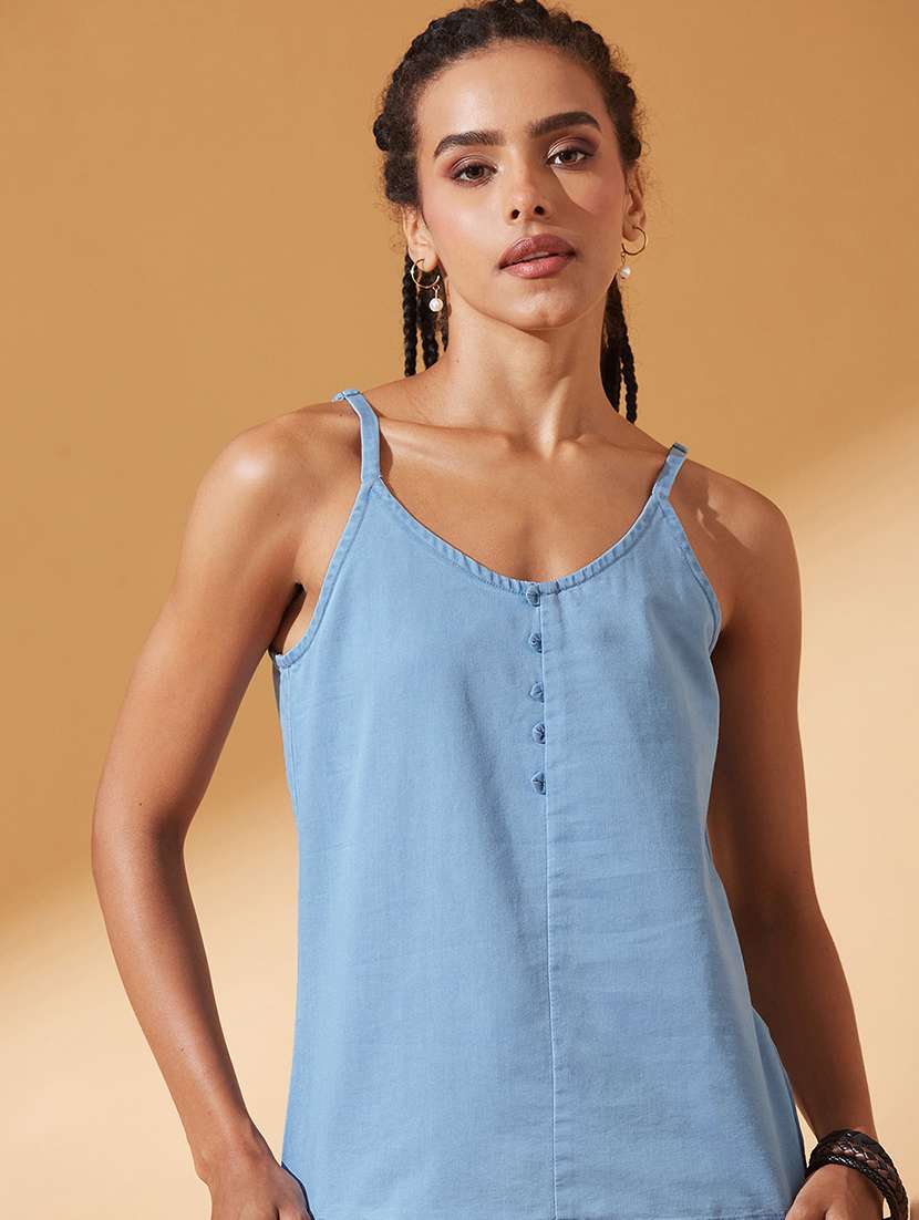 women solid shoulder strap regular top - 22551024 -  Standard Image - 1