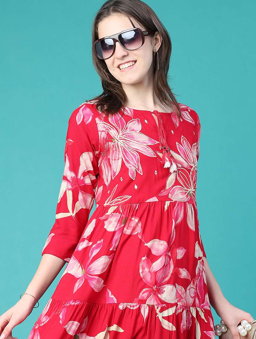 women printed three quarter sleeves tiered dress - 22551983 -  Standard Image - 1