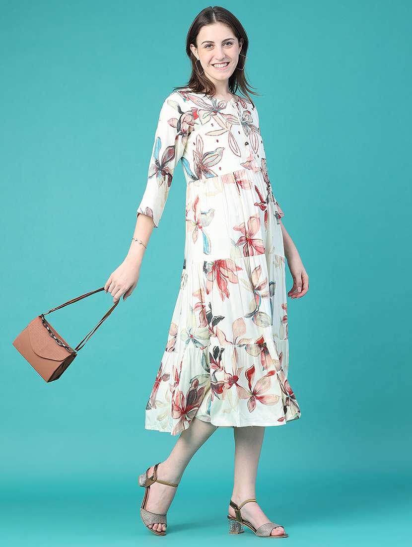 women printed three quarter sleeves tiered dress