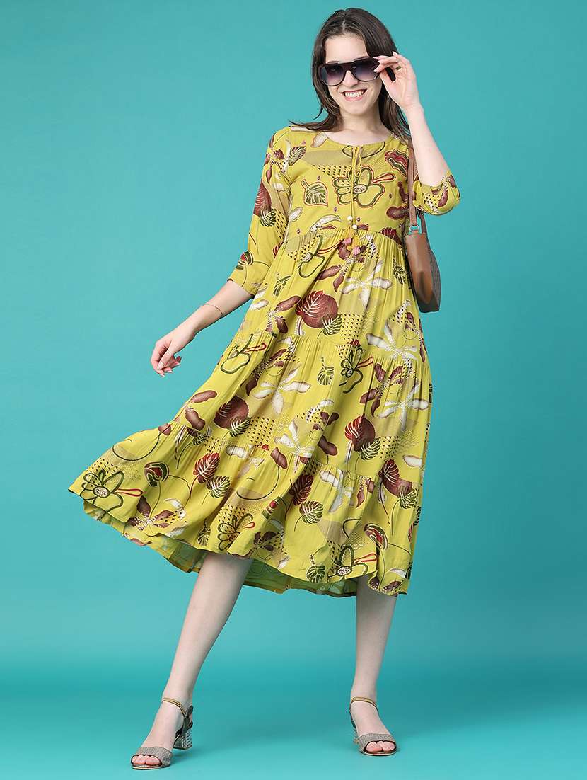 women printed three quarter sleeves tiered dress